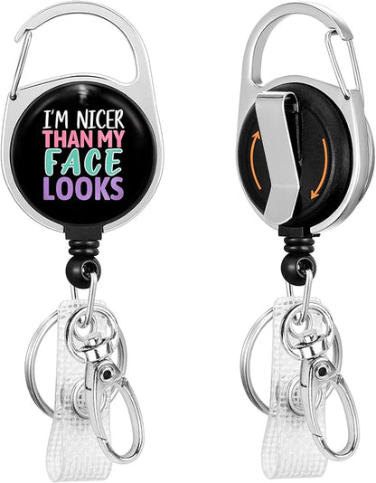 Gctriki Funny Badge Reel Heavy Duty with 360 Swivel Carabiner Clip, Cute ID Badge Holder, Nurse Teacher Retractable Keychain Name Badge Clip I'm Nicer Than My Face Looks