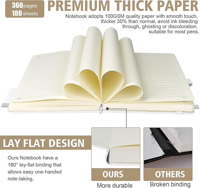 Lined Journal Notebook, 360 Numbered Pages(With page number), Thick Journal for Writing A5 College Ruled Notebook, 100gsm Lined Paper, Leather Hardcover, 5.75'' X 8.38''-1 Pack, White