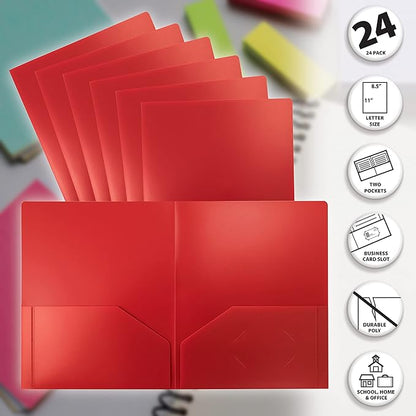 Better Office Products Heavyweight Plastic 2 Pocket Portfolio Folder, Letter Size Poly Folders 24 Pack (Red)