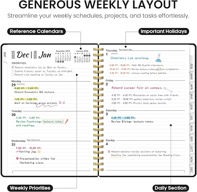 2026 Planner, Weekly and Monthly Calender Planner, Jan 2026 to Dec 2026, Hardcover 2026 Calendar Planner Book with Tabs & Inner Pocket, Office Home School Supplies for Women & Men - A5 (6.3" x 8.5"), Black