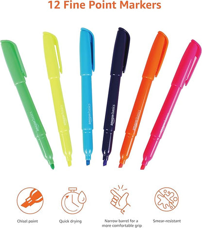 Amazon Basics Highlighters, Fluorescent Ink, Chisel Tip, Assorted Colors, School Supplies, 12 Pack