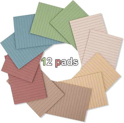 (12 Pack) Lined Sticky Notes 4x6 in Post Ruled Stickies Super Sticking Power Memo Pads Vintage Colors