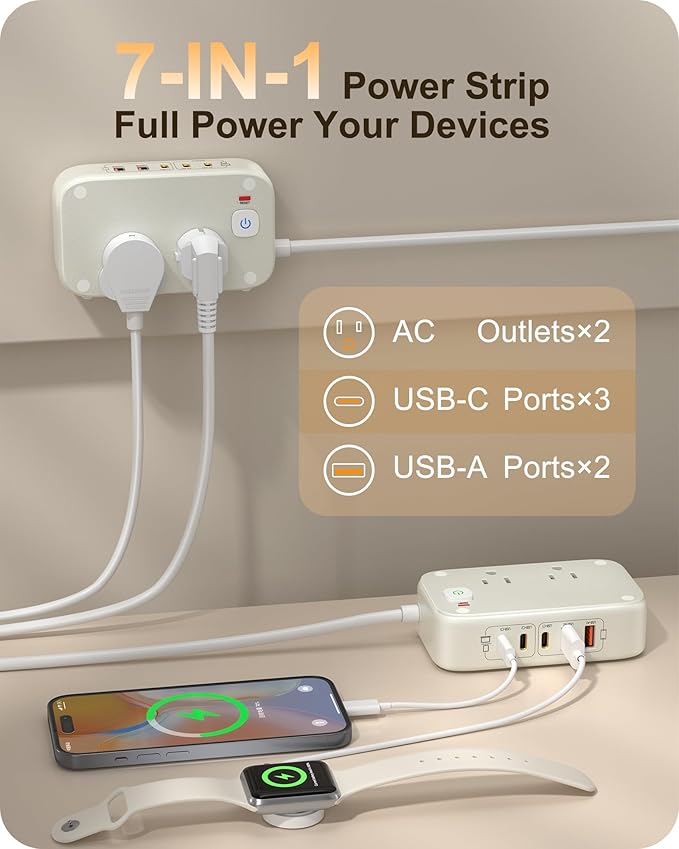 7-in-1 Power Strip, PD GaN 65W USB C Power Strip with 3 USB-C, 2 USB-A Ports and 2500W AC Outlet, Flat Plug Sleek Socket Essentials for Home/Office/College/Travel