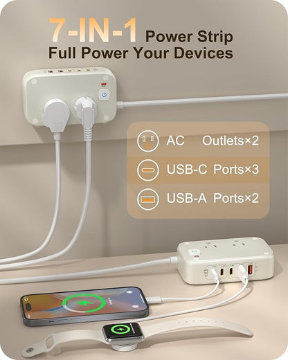 7-in-1 Power Strip, PD GaN 65W USB C Power Strip with 3 USB-C, 2 USB-A Ports and 2500W AC Outlet, Flat Plug Sleek Socket Essentials for Home/Office/College/Travel