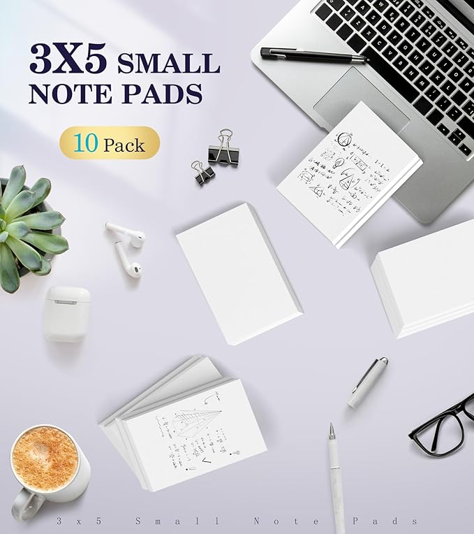 Small Note Pads 3x5 Pocket Notepad, 10 Pack Server Note Pads 3x5, White Memo Pads, Scratch Pads, Small Writing Pads White Paper, 50 Sheets per Blank Mini Notepads 3x5 Scratch Paper for Work/School