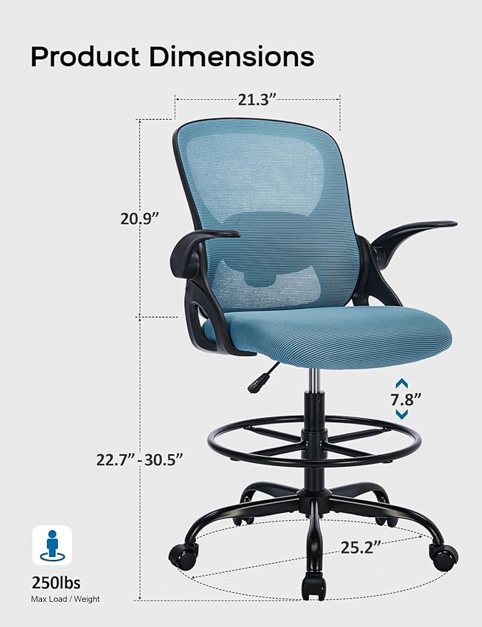Drafting Chair Tall Office Chair with Flip-up Armrests Ergonomic Computer Standing Desk Chair with Comfy Lumbar Support and Adjustable Footrest Ring for Bar Height Desk(Black-Blue)