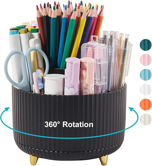 Desk Pencil Pen Holder, 5 Slots 360 Degree Rotating Pencil Pen Organizers Desk Organizers for Office Accessories Shool Supply Black