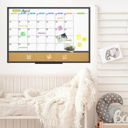 JILoffice Magnetic Calendar Whiteboard & Bulletin Corkboard Combination, Combo Board 36 x 24 Inch, Black Aluminum Frame Wall Mounted Board for Office Home and School with 10 Push Pins