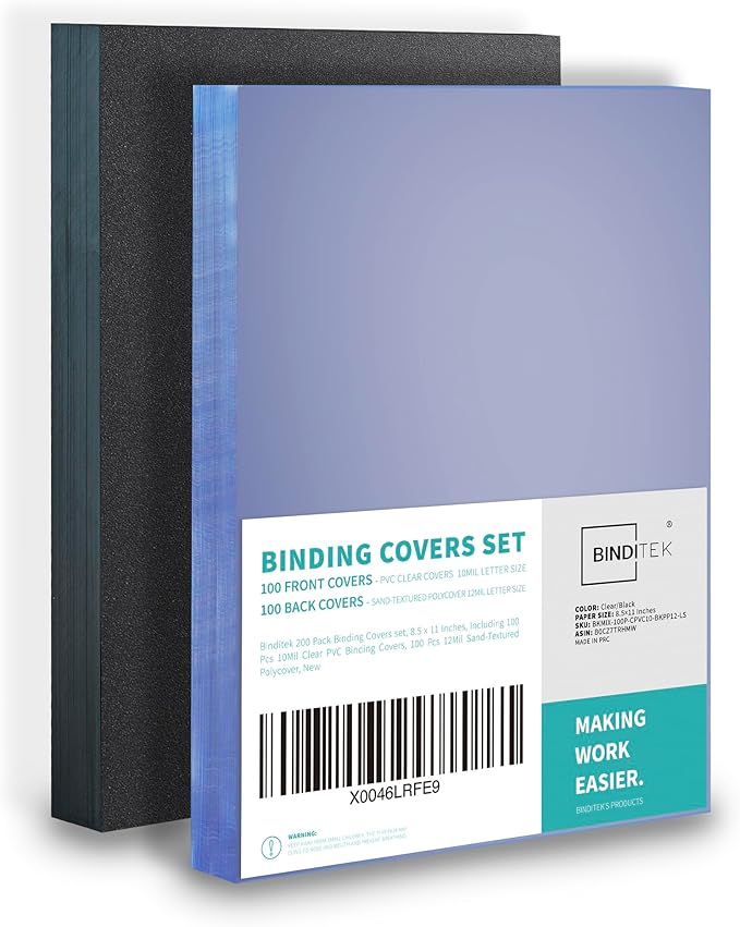 Binditek 200 Pack Binding Covers and Backs Set, 8.5 x 11 Inches, Including 100 Pcs 10 Mil Clear PVC Binding Covers, 100 Pcs 12 Mil Sand-Textured Polycovers, for Letter Size