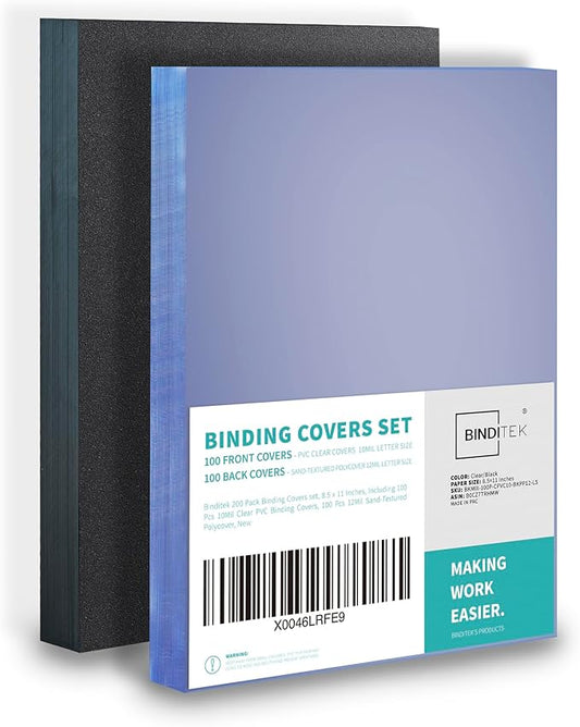 Binditek 200 Pack Binding Covers and Backs Set, 8.5 x 11 Inches, Including 100 Pcs 10 Mil Clear PVC Binding Covers, 100 Pcs 12 Mil Sand-Textured Polycovers, for Letter Size