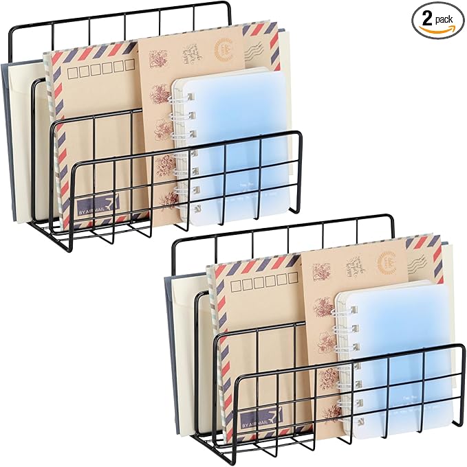 2 Pieces Desk Mail Organizer, Metal Mesh Small File Holders Letter Organizer, Bill/Document/Filing/Folders/Paper Organizer for Desktop (Metal-Black)