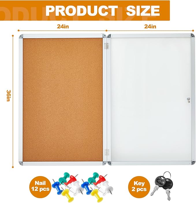 Geetery Enclosed Fabric Bulletin Board Tamperproof Lockable Noticeboard Fabric&Aluminium Frame Display Cases Wall-Mounted Display Case for School, Office - Secure,Durable Design(36 x 24 Inch,Yellow)