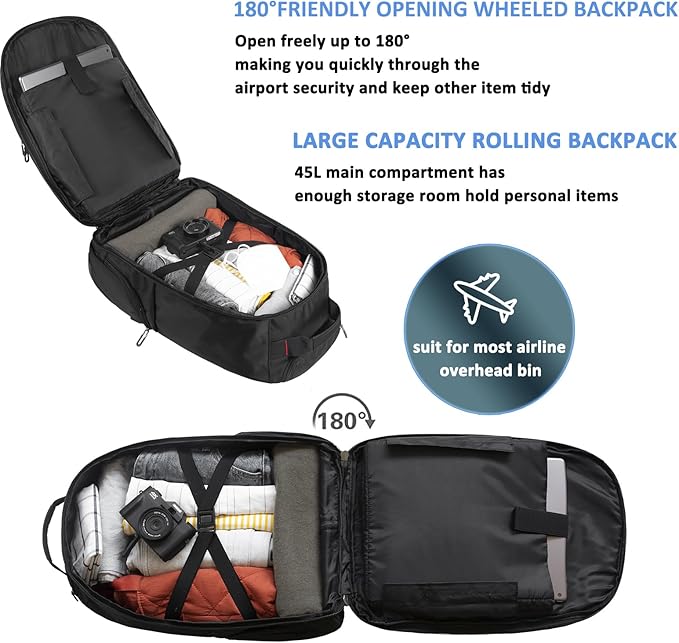 Rolling Backpack for Laptop 15.6 inch, Waterproof Travel Bag with Wheels, Business Carry on Luggage, Multi-compartments, Adjustable Aluminum Telescopic Handle, Black