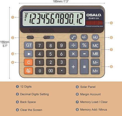 Desktop Calculator Extra Large 5-Inch LCD Display 12-Digit Big Number Accounting Calculator with Giant Response Button, Battery & Solar Powered, Perfect for Office Business Home Daily Use(OS-6815GN)