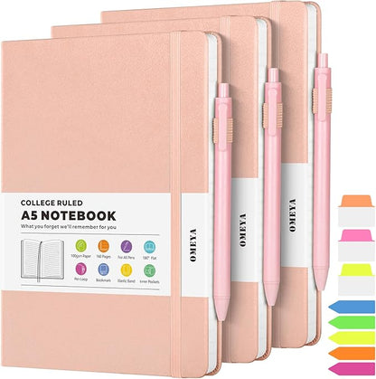 OMEYA Lined Journal Notebook, 3 Pack A5 College Ruled Notebooks for Work, Hardcover Notebook Each with 2 Pockets & Pen, Leather Journal for Women, Men, 160 Pages, 100GSM Thick Paper (Pink)