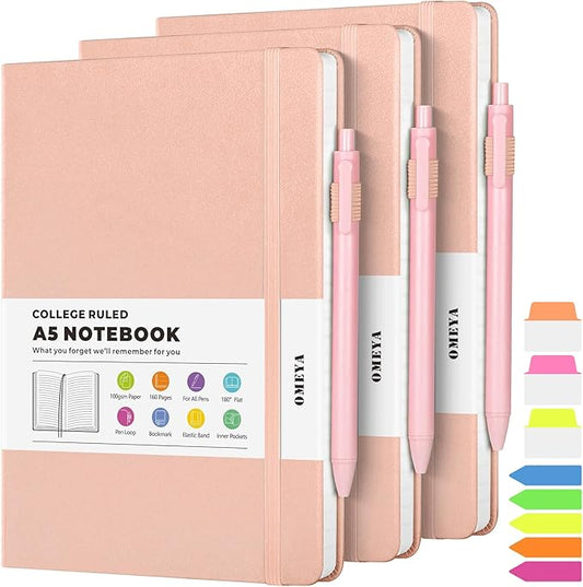 OMEYA Lined Journal Notebook, 3 Pack A5 College Ruled Notebooks for Work, Hardcover Notebook Each with 2 Pockets & Pen, Leather Journal for Women, Men, 160 Pages, 100GSM Thick Paper (Pink)