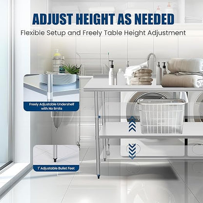 Stainless Steel Table 24 x 60 Inches Metal Prep Table with Backsplash & Adjustable Undershelf for Commercial Kitchen, Outdoor, Restaurant, Hotel & Garage