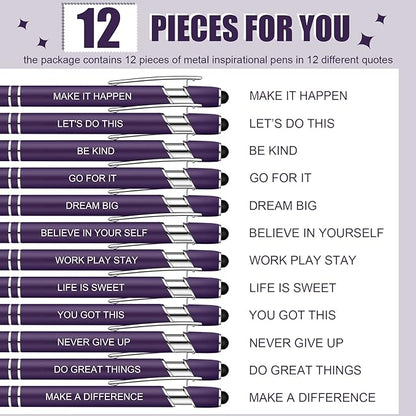 Zonon 12 Pieces Inspirational Pens Bulk Easter Basket Stuffers Motivational Quotes Ballpoint Pens with Stylus Tip Inspirational Gifts for School Office Teachers(Dark Purple,Motivational Style)