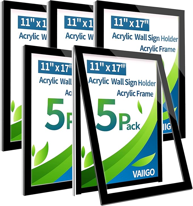 5Pack 11" x 17" Acrylic Sign Holder Wall Mount, Self Adhesive Magnetic Display Frame with Nano Tape and Strong Magnetic Border for Wall, Door, Glass, Home, Store, Office, Black