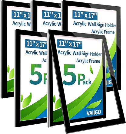 5Pack 11" x 17" Acrylic Sign Holder Wall Mount, Self Adhesive Magnetic Display Frame with Nano Tape and Strong Magnetic Border for Wall, Door, Glass, Home, Store, Office, Black