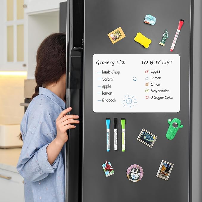 3 Pack Magnetic Dry Erase Board Sheet for Fridge, 12"x8" Erasable Refrigerator WhiteBoard w/ 6 Markers & 1 Eraser- Smooth and Flexible Small Magnet Blank Notepad for Home Kitchen Organizer and Planner