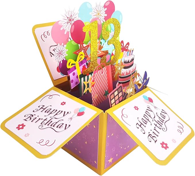 Asmallgf Happy 13th Birthday Pop Up Card for Girl Boy, Sweet Thirteen Year Old Birthday Gift Idea for Daughter Niece, Funny 13 Bday 3D Greeting Card for Him Friends