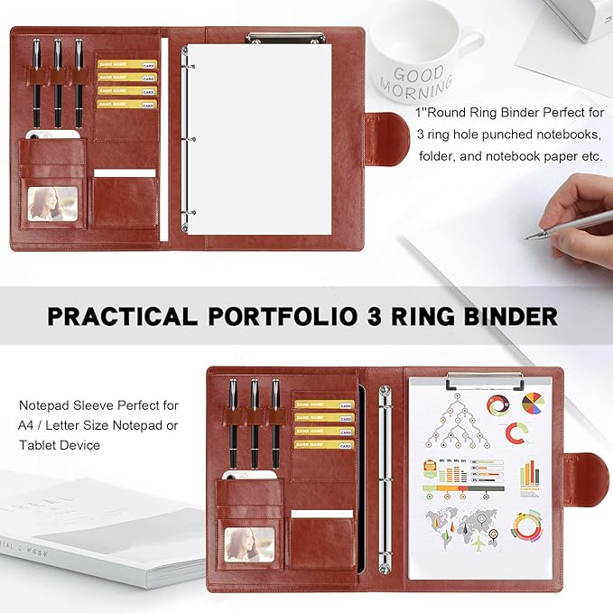 Toplive Portfolio 3 Ring Binder Padfolio Folder, Business Interview Resume Portfolio for Women Men A4/Letter Size Document Organizer with Clipboard Receipt Sleeve Card Holder, Brown