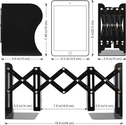 Adjustable Bookends, Metal Book Ends for Heavy Book, 2 Dividers, Nonslip Book Stander for Desk, Shelf, Office, Stationery Gift, Extends up to 19 inches (Black)