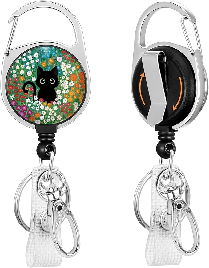 Gctriki Flower Cat Badge Reel Retractable with 360° Swivel Carabiner Clip, Fun Work ID Badge Holder Retractable Clip, Cute Students Nurse Teacher ID Card Holder Keychain Accessories Office Gifts