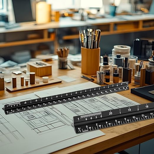 Architectural Scale Ruler, Imperial Measurements 12'', Laser-Etched Aluminum Architect Triangular Ruler Black for Architects, Students, Draftsman, and Engineers by mveohos