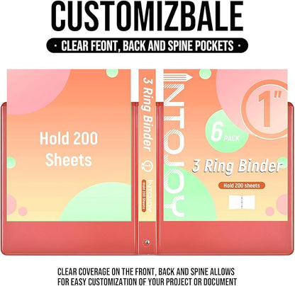 3 Ring Binder 1 Inch, IntoJoy 6 Pack Clear View 3 Hole Binder PVC-Free Fits 8.5x11 Inch Paper Flexible Round Ring Binders for School Office Home Binder Supplies (Orange)