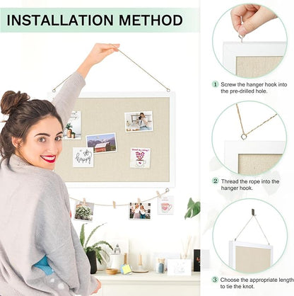 DOLLAR BOSS Cork Board Bulletin Board with Linen Double-Sided 30" x 20" Linen Corkboards for Walls Picture Display Vision Board for Office Home School Framed Picture Pin Board, 20 Pushpins 10 Clips