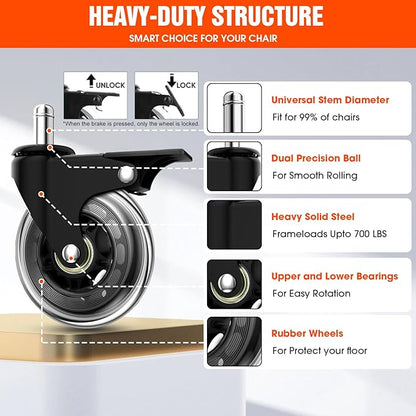 Office Chair Casters with Brake, 3 Inch Universal Casters,Suitable for Carpet and Hardwood Floors, Universal Fits Most Chairs(Casters with Brake)