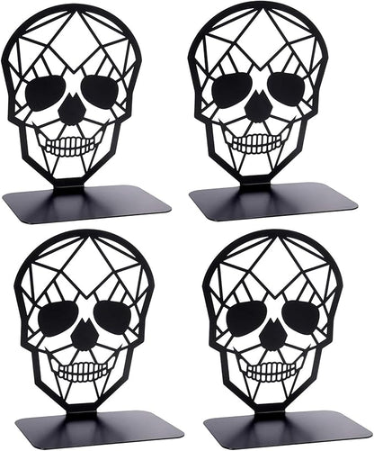Metal Skull Design Black Bookend - Heavy-Duty Bookends for Shelves, Skull Book Ends for Heavy Books, Book Shelf Holder Home Office Decorative Desktop Organizer (2 Pair)