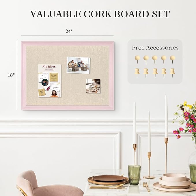Large Cork Board with Linen, 24" x 18" Hanging Pink Wood Framed Bulletin Board, Picture Display Vision Board Corkboards for Wall Room School Office Decor, 10 Pushpins, 1 Pack