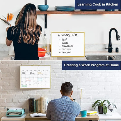 TSJ OFFICE White Board Calendar - 12 X 16 Inches Magnetic Dry Erase Board Monthly Calendar, Double Sided Whiteboard with a Handle, to Do List Notepad for Office, Home, School, Gold Aluminum Frame