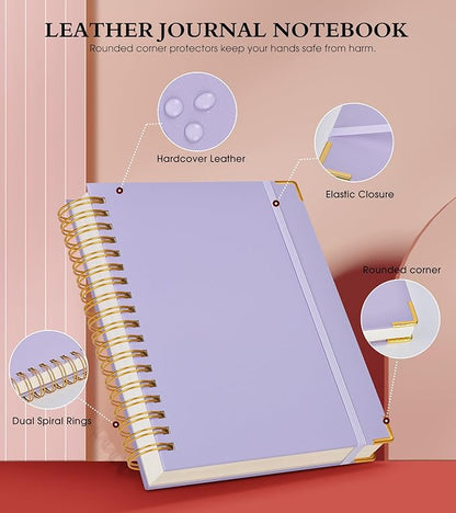 Spiral Notebook Journal 7.6” x 10”, 300 Pages Hardcover Leather Lined Journals for Women Men, B5 Large College Ruled Notebooks with 100 GSM Thick Paper, Spiral Journal for Writing Work, Purple