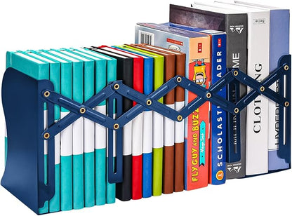 Adjustable Bookends, Heavy Duty Metal Book Ends for Book, 2 Dividers, Nonslip Book Stander for Desk, Shelf, Office, Stationery Gift, Extends up to 19 inches (Blue)