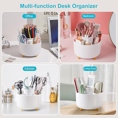 Desk Pencil Pen Holder - 5 Slot 360 Degree Rotating Desk Pen Organizer for Desktop Storage Stationery Supplies Cup Pot - White