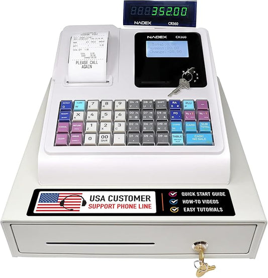 Nadex CR360 Cash Register, 4700 Lookups 50 Dept 50 Clerks, Quick Load Thermal Printer, Compact Size, Cash and Coin Drawer, White