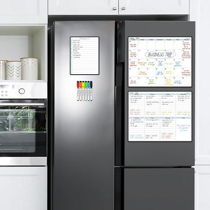 CLEVER CLEAN Magnetic Dry Erase Monthly Calendar - 14.25"x11.25" Monthly and Weekly Calendar Bundle for Fridge - 6 Extra Fine Point Markers Included - Shipped Flat