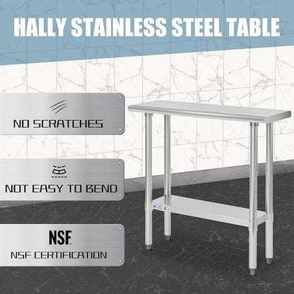 Hally Stainless Steel Table for Prep & Work 14 x 36 Inches, NSF Commercial Heavy Duty Table with Undershelf and Galvanized Legs for Restaurant, Home and Hotel