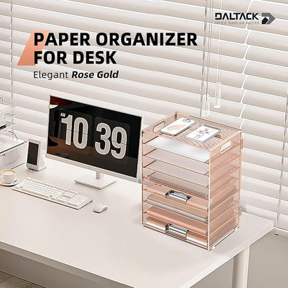 DALTACK 9-Tier Paper Letter Tray Desk Organizer with Handles, Mesh File Holder Organization, File Organizer for Desk Paper Sorter for Office Home School, Gold Rose