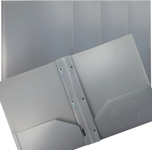 Better Office Products Gray Plastic 2 Pocket Folders with Prongs, 24 Pack, Heavyweight, Letter Size Poly Folders with 3 Metal Prongs Fastener Clips, Gray