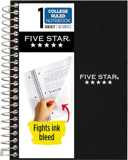 Five Star Spiral Notebook, 1 Subject, College Ruled Paper, 7" x 4-3/8", Personal Size, 80 Sheets, Black (450048AA2-ECM)