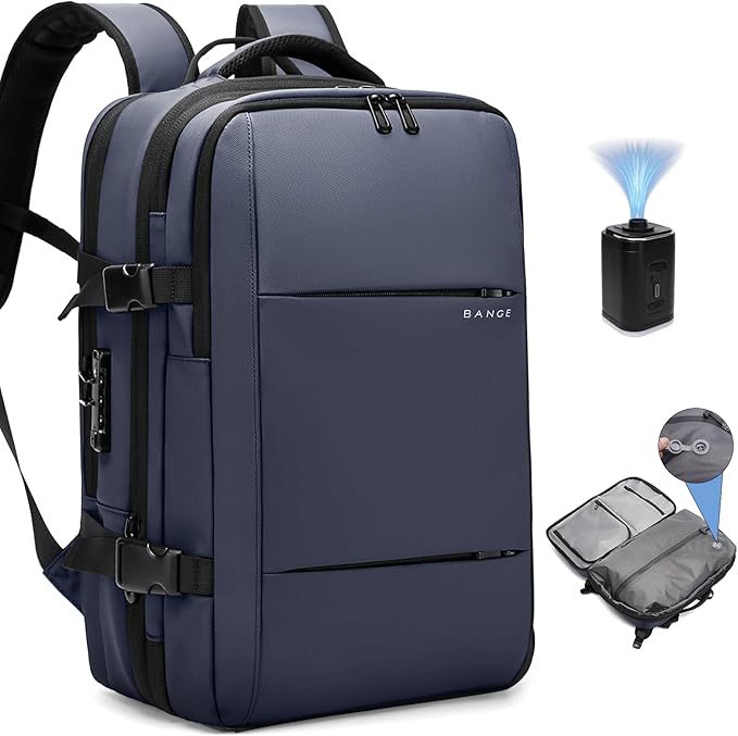 BANGE Air Vacuum Backpack with Pump,Air Packing Vacuum System Compression Back Pack, Expandable Anti Theft Backpack for Business Traveling