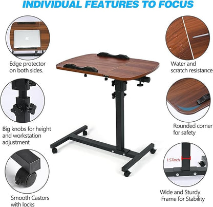 Multifunctional Height Adjustable Table with Wheels | Ultimate Single Workstation, Study Desk, Bedside Table, Recliner Tray Table, Presentation Cart and Laptop Stand | Tilting Tops (Walnut Black)