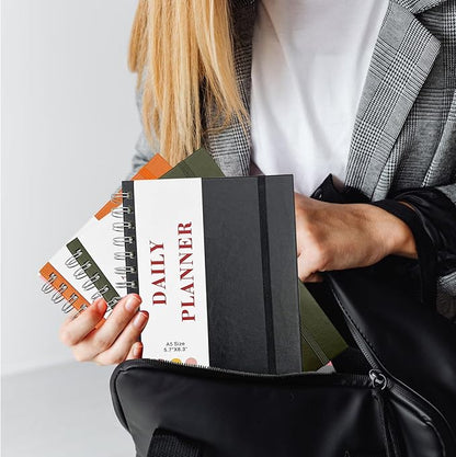 Undated Daily Planner,Undated Planner with Hourly Schedules, Daily Organizer Notebooks for work, Spiral Appointment Planner for Men and Wome, To Do List Notebook for Time Management, Elastic Closure, Pocket (Black)