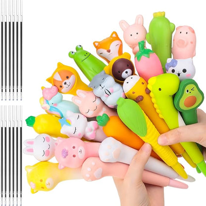 24 Pcs Cute Kawaii Pen Accessories For Girl Animal Fruit Shaped Stress Relief Supplies Gel Ink Pens with Replacement Refills for Kids Students School Office
