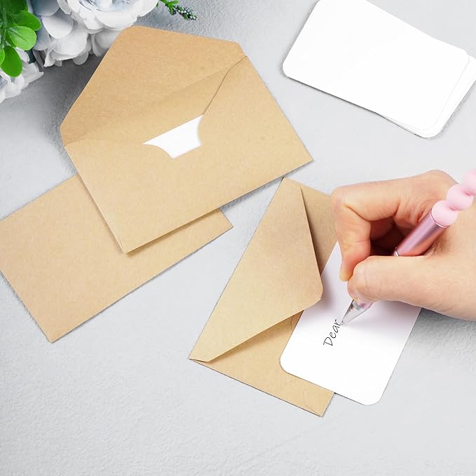 jiebor 100 Sets Small Kraft Envelopes with Small Blank Gift Business Card Wedding Invitation Pocket Envelopes for Graduations Wedding Shower Holiday 4.37 x 2.91 Inch Brown